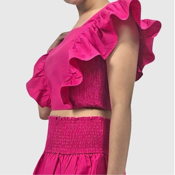 HT360 Collective Ruffle Tie Back Crop Top Smocked Waist Tiered Size XS - Picture 2 of 11